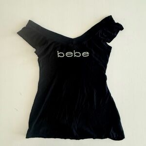 BEBE black ribbed off-the-shoulder top with a crystal embellished logo Y2K